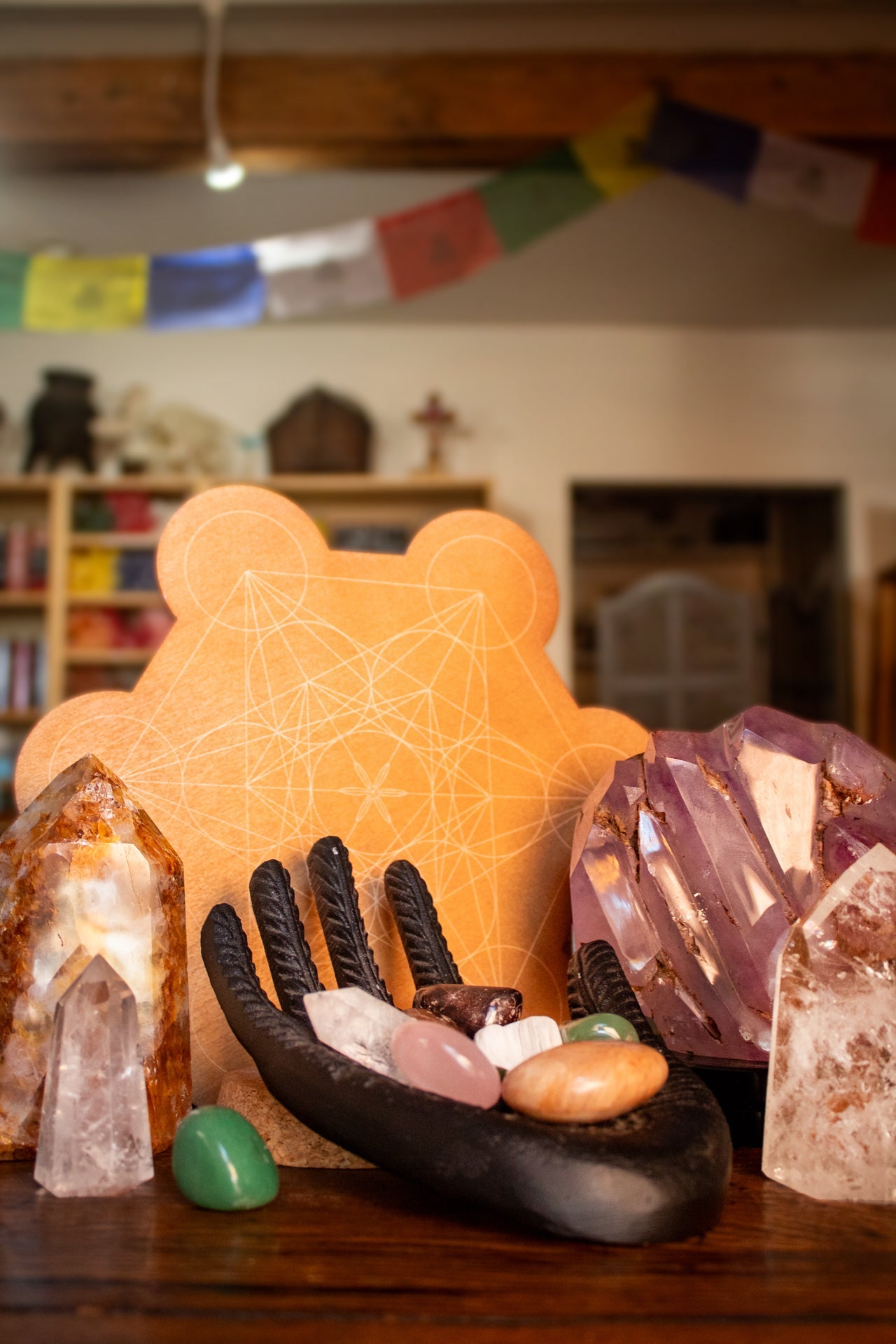 Group of crystals together in front of a crystal grid